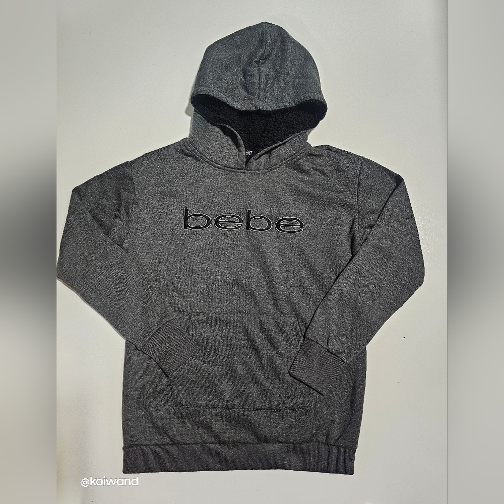 Bebe Sport Embroidered Charcoal Sherpa Lined Hooded Sweater, Size M